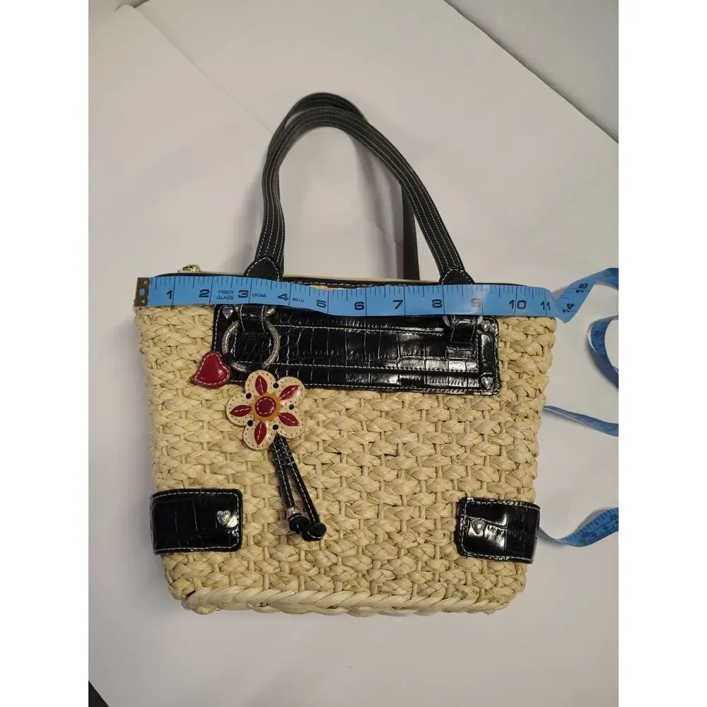 Brighton Straw & Leather Purse Handbag Shoulder Hearts Red Black Tan Summer Boho - Picture 3 of 16